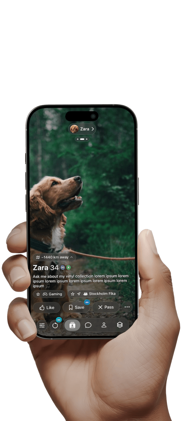 A hand holding an iPhone showing the HeyU feed