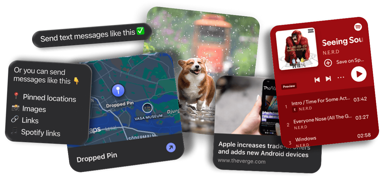 Text, photo, location, song and link messages